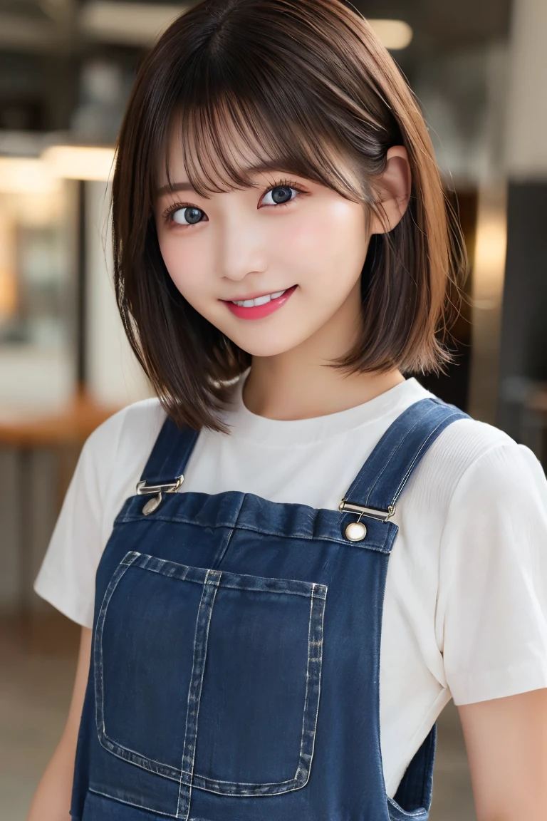 Highest quality、（beautiful）、Super delicate eyes、Brown eyes、22-year-old female、Brown Hair、smile、looking at the camera、Semi-short hair、Gal、Overalls