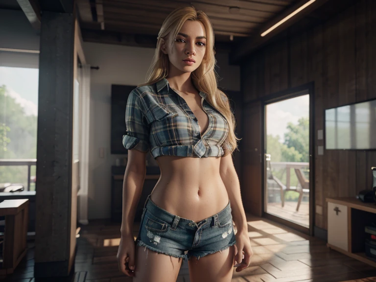 blonde fit body girl, flannel shirt shorts, 100mm, , ultra realistic, photorealistic, unreal engine, hyper detailed, hdr, octane render, 4k 8K