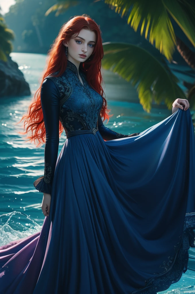 16 year old Sophie Turner, ultra detailed face, ultra detailed blue eyes, long red hair, (dress, long skirt), tropical water, (((masterpiece)))