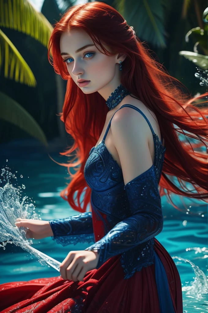 16 year old Sophie Turner, ultra detailed face, ultra detailed blue eyes, long red hair, (dress, long skirt), tropical water, (((masterpiece)))