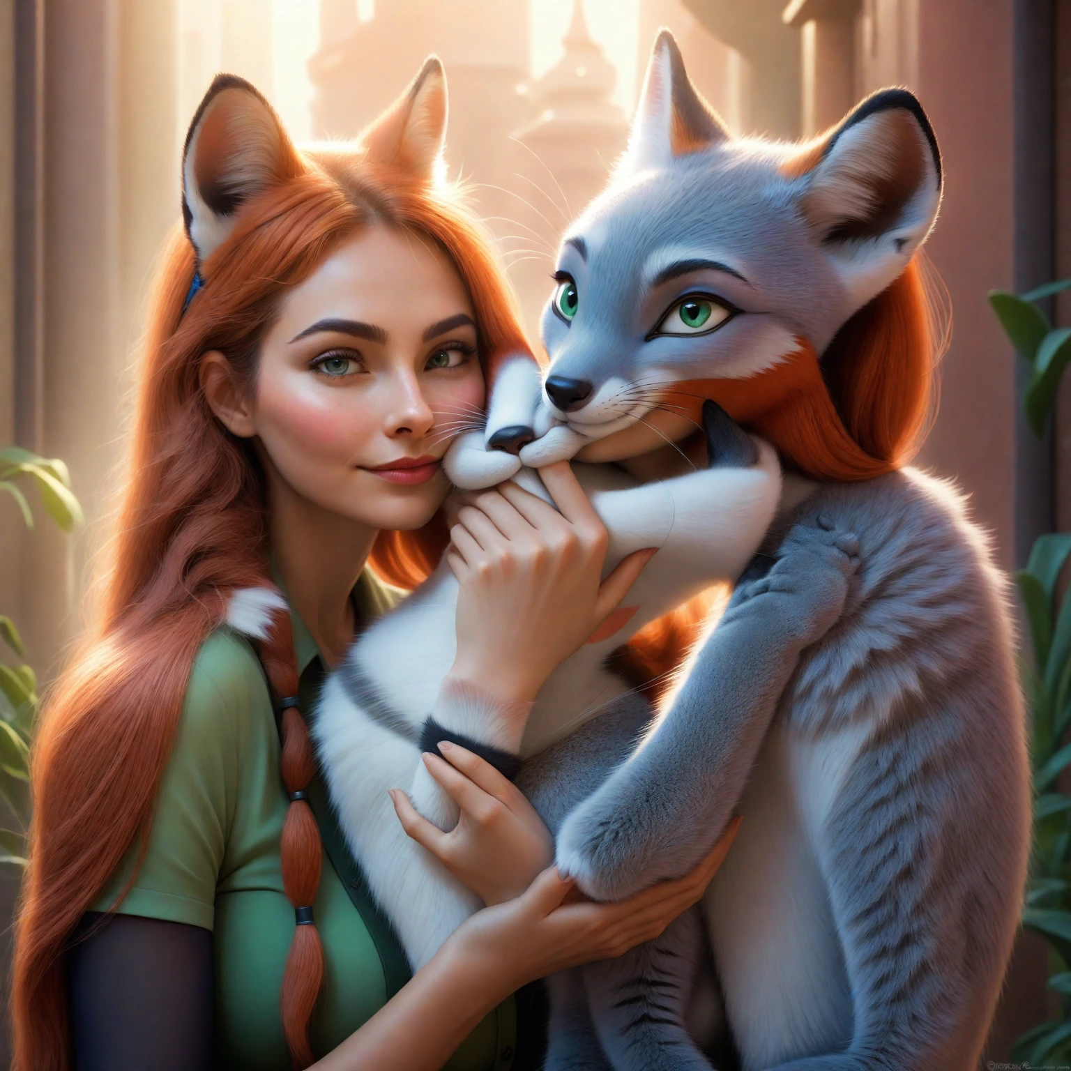 There was a woman holding a cat and touching her face with her hand., love fantasy fox, Zootopia style, Animal PhotographyDigital Art, Furry Digital Art, Very realistic picture, software version, Zootopia movie style, Very realistic picturegraphy, software, Very realistic picturegraph, Portrait, Disney&#39;s Bambi the Cat, Surrealistic hybrid animals, An anthropological masterpiece, martin posted sex