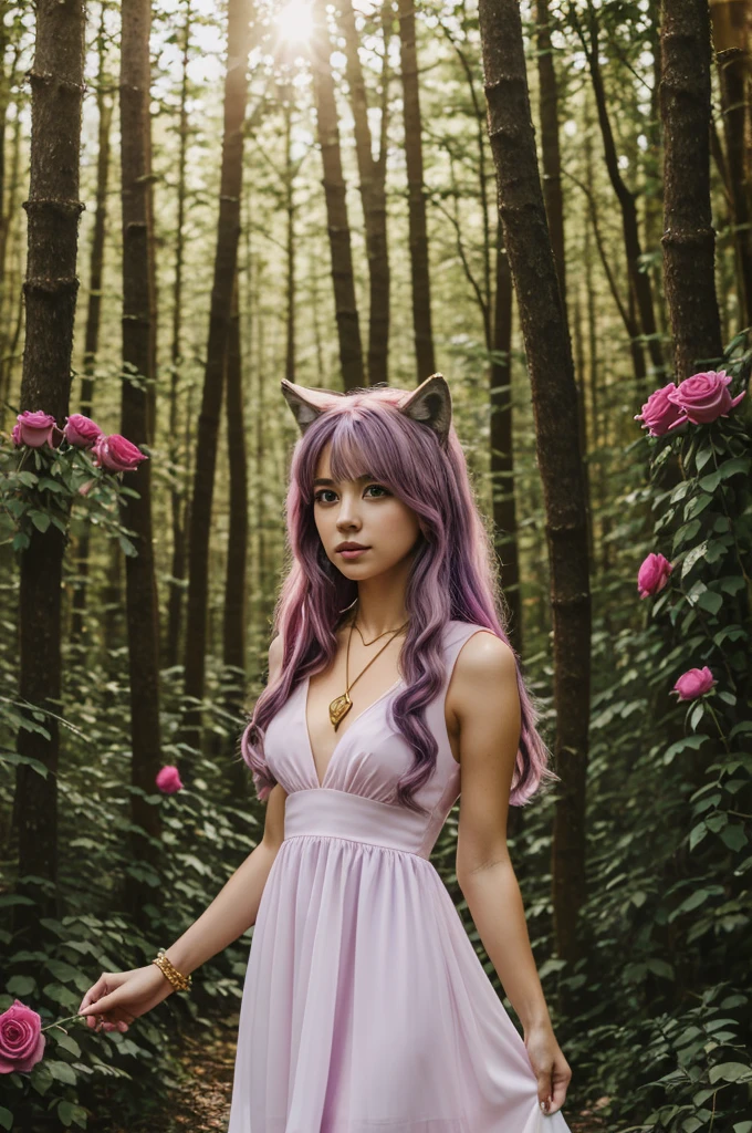 wolf girl,by rubio,purple and pink tips,wolf tail,eyes one violet and one pink,in a forest full of red roses,dress a white dress,golden cross necklace