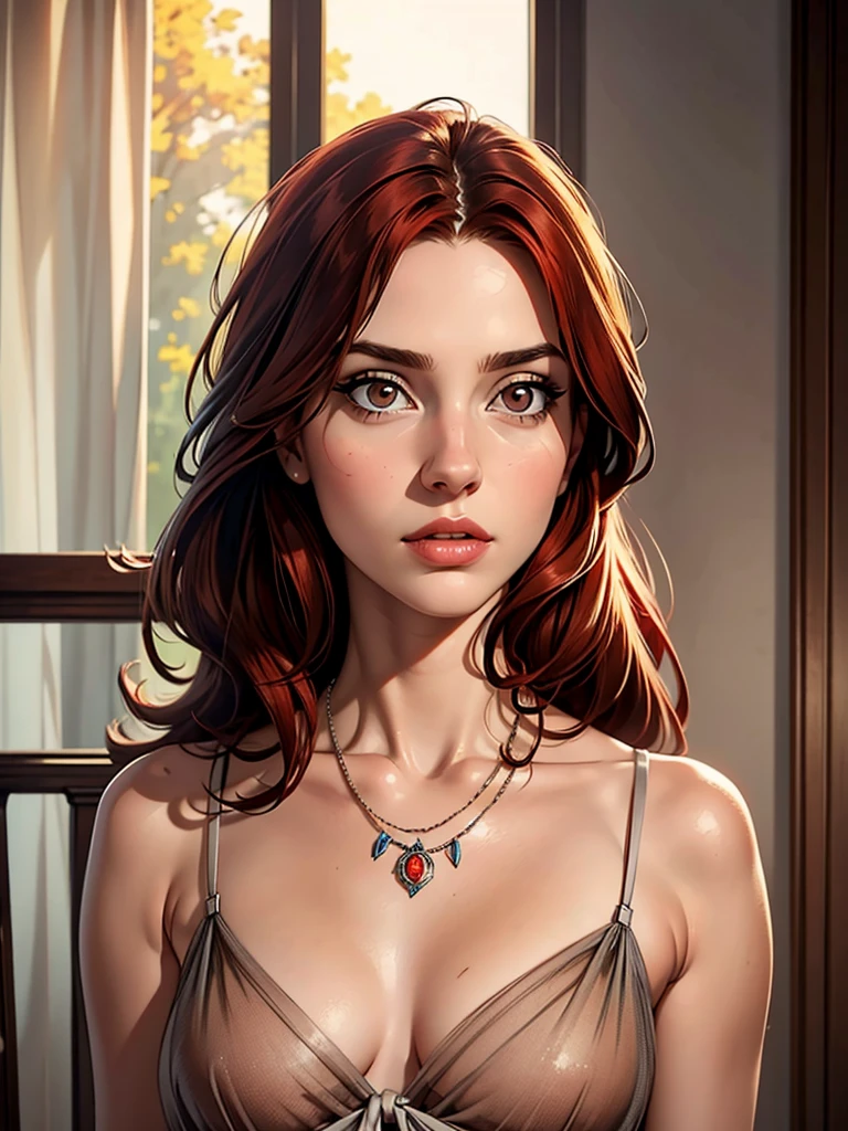 best quality specialist, piece of art, (realistic: 1.2), 1 girl, Slender girl, Red hair, brown eyes, 3/4 views, detailed face, gorgeous eyes, gray eyes, big eyes, small breasts, necklace, see through dress