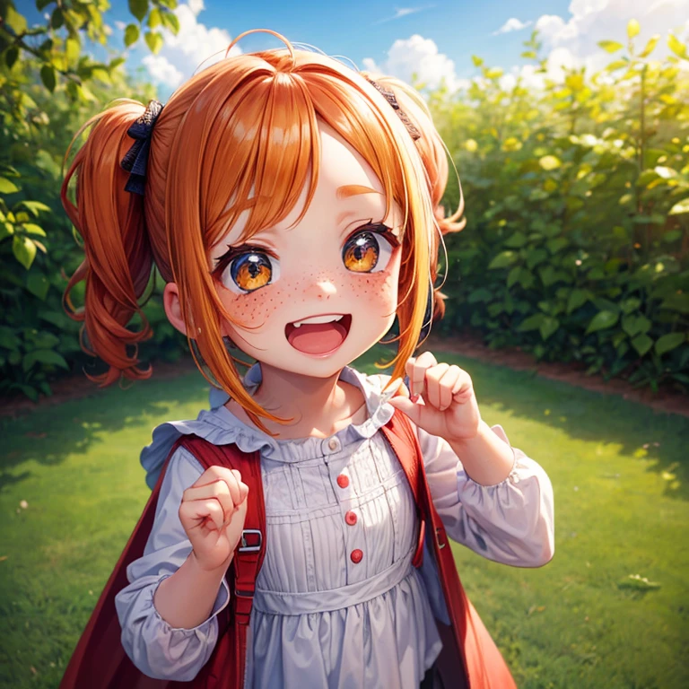 Super super happy cute little girl, With freckles and ginger hair, Holding her cheek