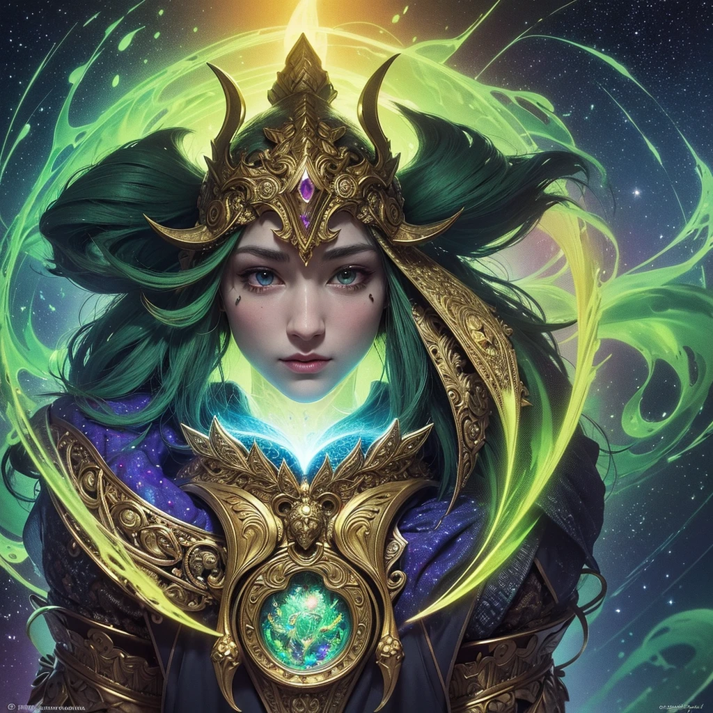 (High resolution, incredibly detailed, masterpiece), symmetrical, centered, single bust portrait of (one Gaelic Greenman), featuring fractal geometry in (vibrant colors:0.8), set against a (galactic background:1.2), bringing together complex, mesmerizing shapes and patterns, dmt , fractal art, holy light.