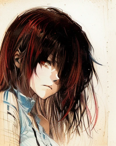 drawing of a woman with a red hair and a blue shirt, an emo girl, emo anime girl, colored screentone, anime tribal boy with long hair, depressed girl portrait, fan art, jeff the killer, very sad, colored sketch, a portrait of a suicidal girl, lain, sadness personified, sad expression, sad, with a sad expression
