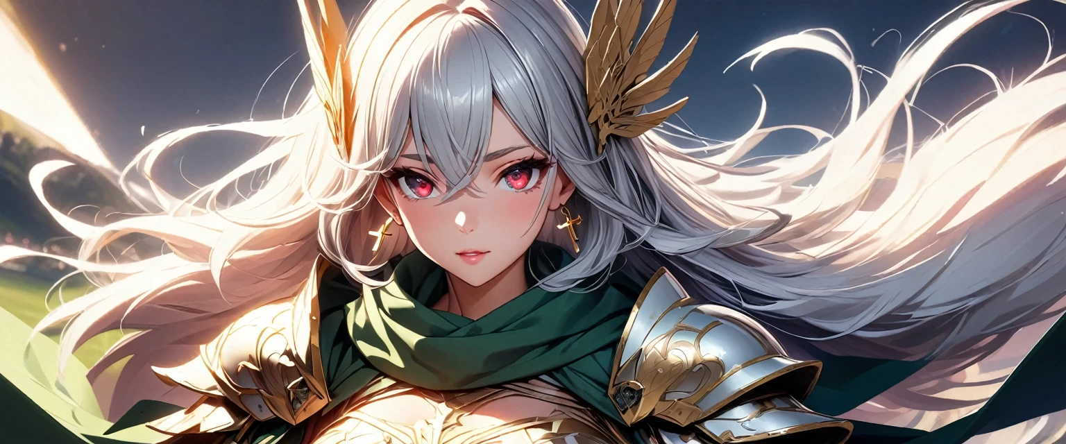nsfw, (Perfect Anatomy)、Mastepiece、Ultra High Quality、 8k、masterpiece、Highest quality、Ultra-high resolution、Maximum resolution、Very detailed、Professional Lighting、anime、woman、thin、Very beautiful face、Beautiful eyes、(Highly detailed eye)、Highly detailed face、White armor，Cross earrings，Gray Hair, hairs between eyes, Red eyes，White leotard、Gloss Lip、Pink Lips、Detailed armor patterns、grassland, full body, (((spear))), armored dress, hair accessory, gold pattern, big shoulder armor, high heels boots, green scarf, orgasm, missionary position, man on top