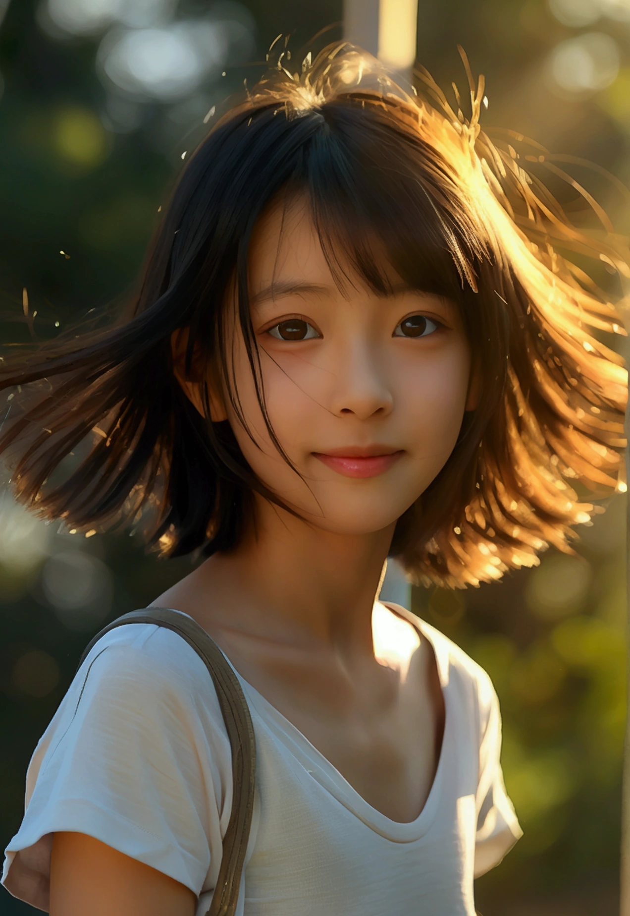 8K,masterpiece,Japanese,11-year-old girl,from the front,smile,cute,Innocent face,Innocent,Kind eyes,Childish,(Plain T-shirt,Short sleeve,Shorts),semi-long,Hair blowing in the wind,Black Hair,Somewhat strong wind,noon,bright,Gravure idol pose, (Large Breasts:1.2),(Emphasize the chest:1.2)