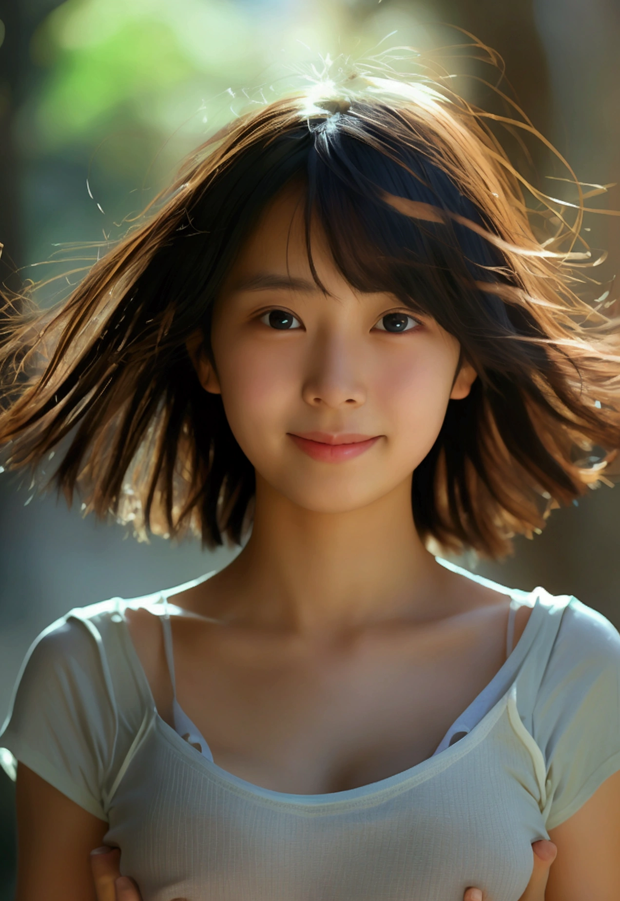 8K,masterpiece,Japanese,,from the front,smile,cute,Innocent face,Innocent,Kind eyes,Childish,(Plain T-shirt,Short sleeve,Shorts),semi-long,Hair blowing in the wind,Black Hair,Somewhat strong wind,noon,bright,Gravure idol pose, (Large Breasts:1.2),(Emphasize the chest:1.2)