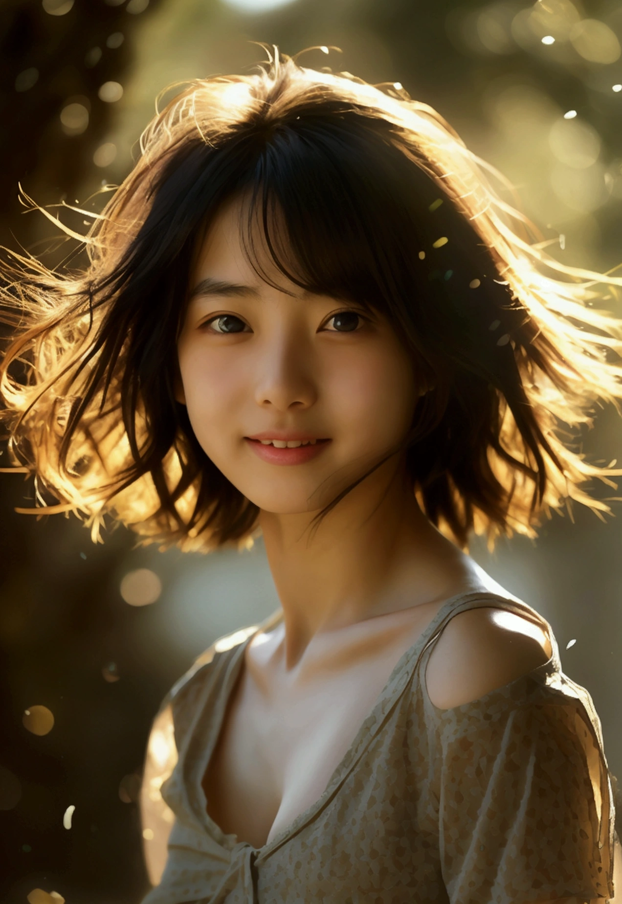 8K,masterpiece,Japanese,,from the front,smile,cute,Innocent face,Innocent,Kind eyes,Childish,(Plain T-shirt,Short sleeve,Shorts),semi-long,Hair blowing in the wind,Black Hair,Somewhat strong wind,noon,bright,Gravure idol pose, (Large Breasts:1.2),(Emphasize the chest:1.2)
