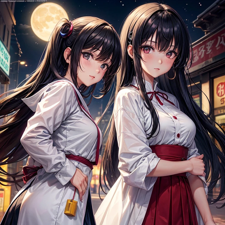 (Backlight,Umbilical cord:1.1,Black Hair),Beautiful girls in school uniforms on the busy streets of Gintama, There are vendors all around, Beautiful portrait of a stunning goddess girl, Beautiful and delicate face, Porcelain skin, Half-length photo, Center,((moonlight,night,Big neon sign,Strong neon lights,Rim Light,Two-tone lighting))),