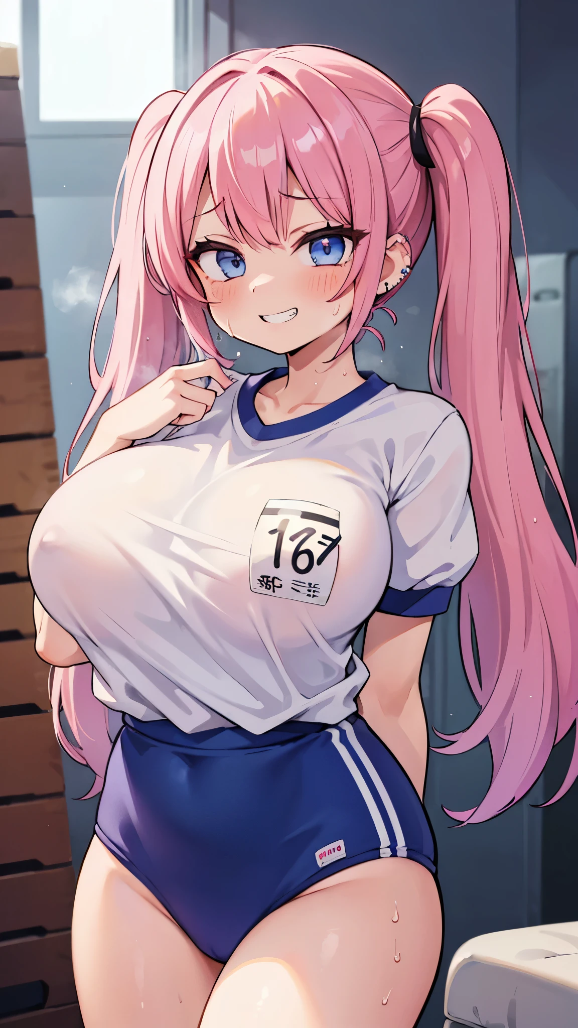 (masterpiece、Highest quality、Super detailed)、((One girl))、((Pink Hair))、((Twin tails))、((Light blue eyes))、evil smile、((Grin))、((Sweat))、((lots of piercings))、((Very large breasts))、((gym uniform))、Short sleeve、Cowboy Shot、Gym storeroom