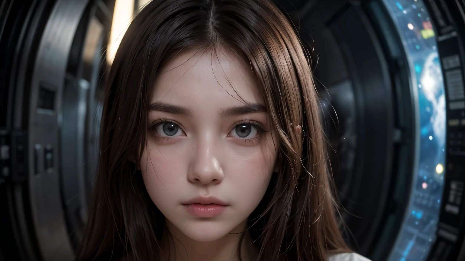 An image of a close-up of the upper body. A beautiful woman. Twenty years old. Dark brown hair. She is looking at the camera with a serious expression. An image of a door and outer space in the space behind her.