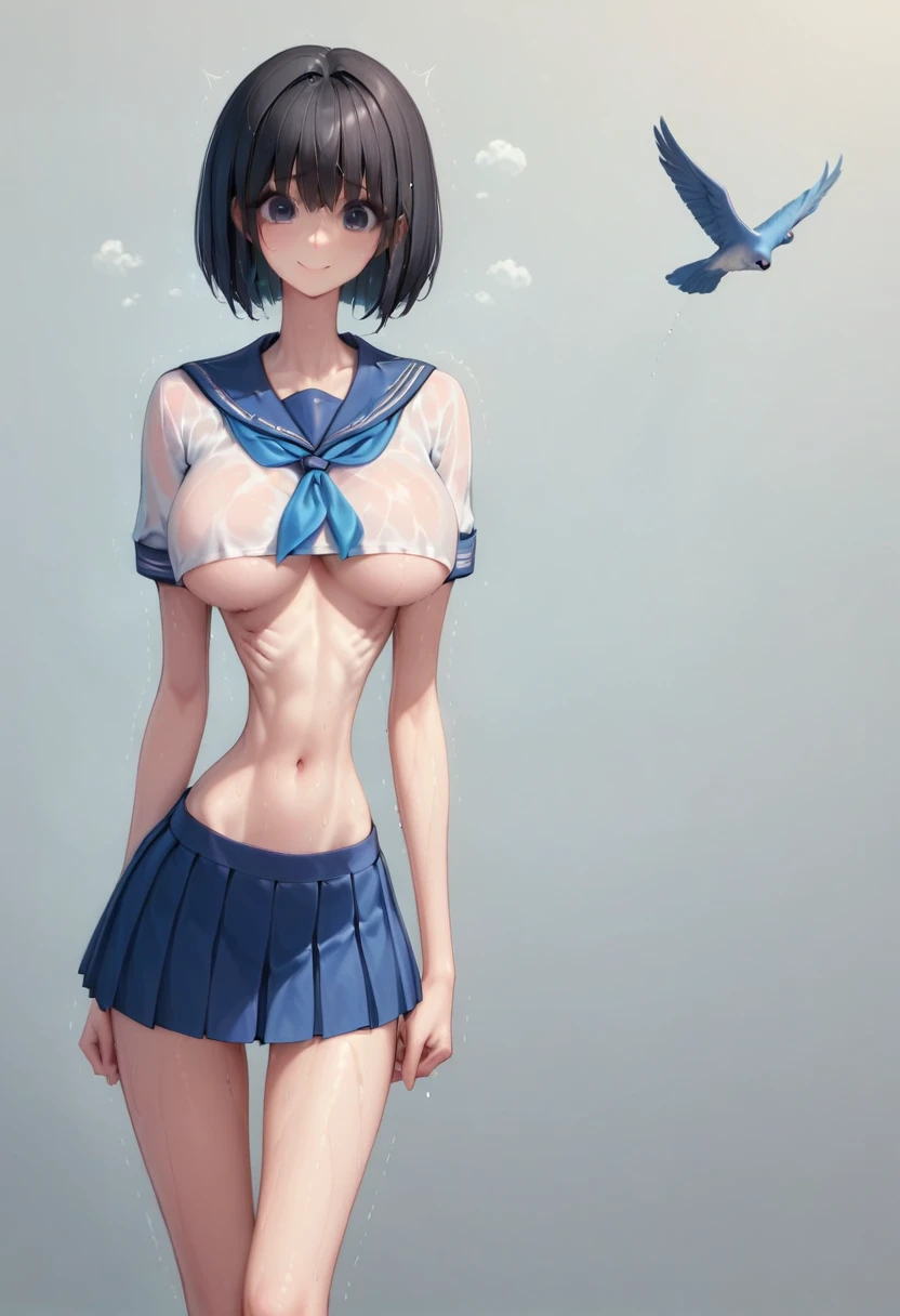 masterpiece, best quality:1.2), Realistic photo, front shot, beautiful thin 1girl, (super big breasts, micro waist, very long legs:1.3), Black hair, short bob hair, (Extremely skinny), short height, Light Skin, cute big eyes, Small Mouth, cute beautiful thin face, forced smile, serafuku, mini skirt, Arched back, pigeon-toed, Embarrassing pose, Long and thin navel, (beautiful visible ribs), wet and sweaty, Trembling