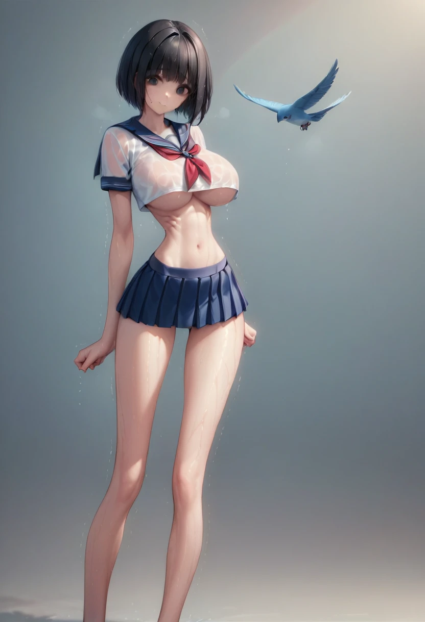 masterpiece, best quality:1.2), Realistic photo, front shot, beautiful thin 1girl, (super big breasts, micro waist, very long legs:1.3), Black hair, short bob hair, (Extremely skinny), short height, Light Skin, cute big eyes, Small Mouth, cute beautiful thin face, forced smile, serafuku, mini skirt, Arched back, pigeon-toed, Embarrassing pose, Long and thin navel, (beautiful visible ribs), wet and sweaty, Trembling