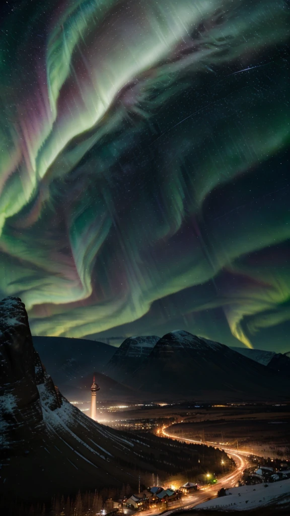 landscape, ultra high definition, (asgard background), details, Turning on, 8k, (northern lights in the sky), constellation, (asgard background)
