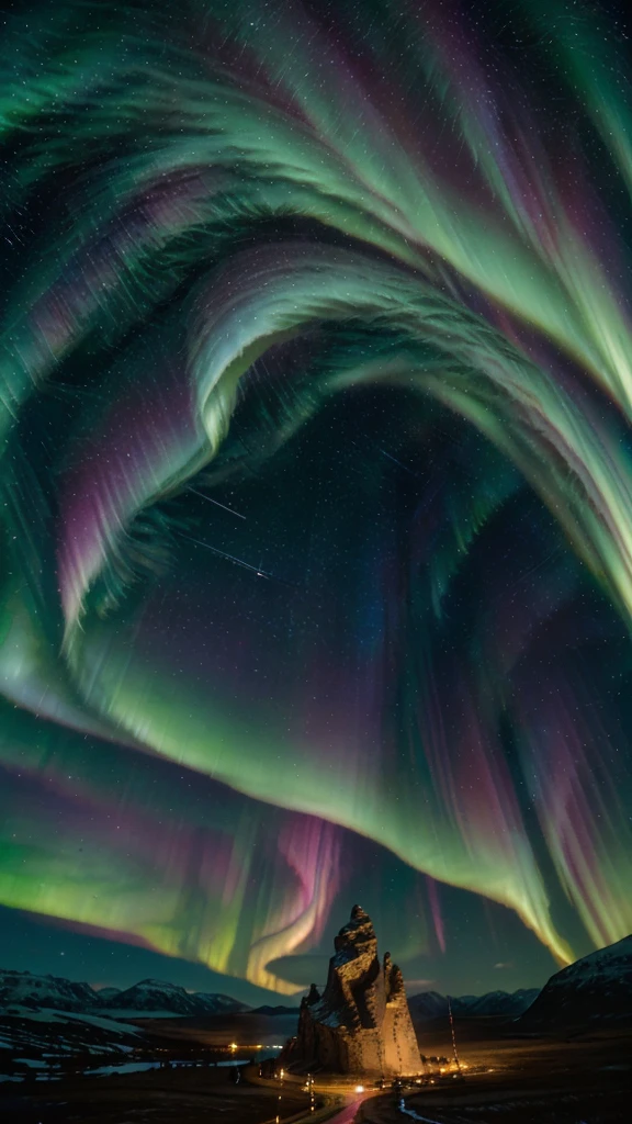 landscape, ultra high definition, (asgard background), details, Turning on, 8k, (northern lights in the sky), constellation, (asgard background)