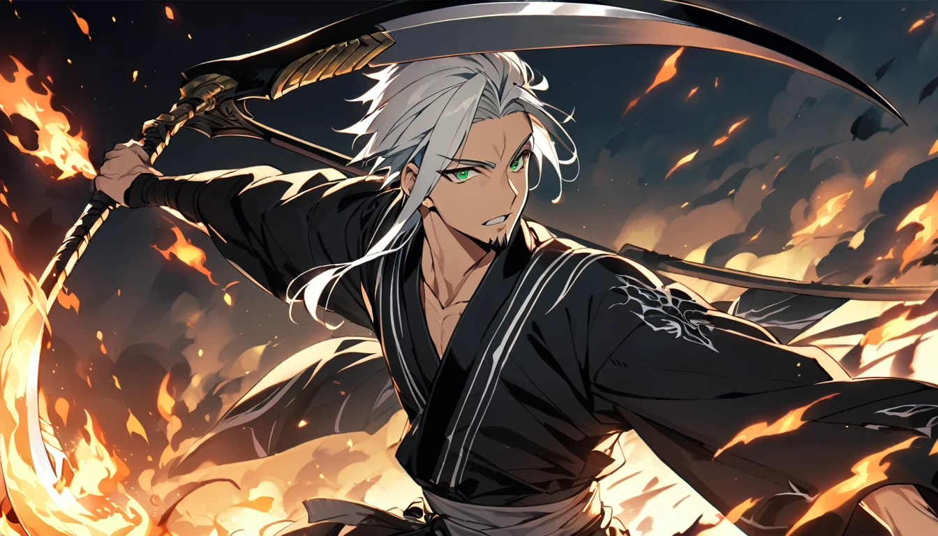 1 boy, male focus, Intricate details, 1 man, handsome, white hair, vibrant green eyes, slim muscles, アニメ, 19 years old, 19 years old, a small goatee, Shinigami kimono, Shinigami, bleach style, bleach, Tank top, kimono , bleach, bleach style (black kimono), (the character would be releasing all his power on the battlefield, using your scythe launching negative flames at your opponents, leaving the entire battlefield in black flames)