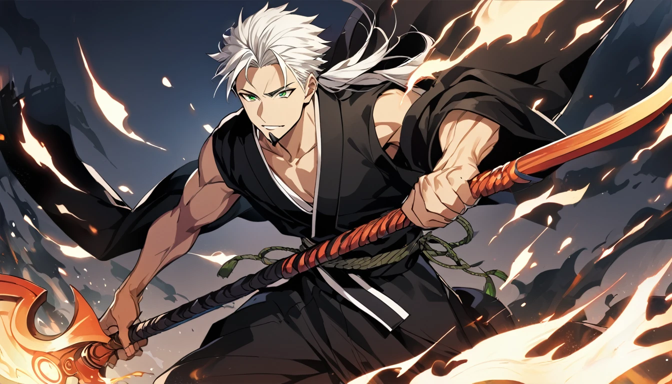 1 boy, male focus, Intricate details, 1 man, handsome, white hair, vibrant green eyes, slim muscles, アニメ, 19 years old, 19 years old, a small goatee, Shinigami kimono, Shinigami, bleach style, bleach, Tank top, kimono , bleach, bleach style (black kimono), (the character would be releasing all his power on the battlefield, using your scythe launching negative flames at your opponents, leaving the entire battlefield in black flames)