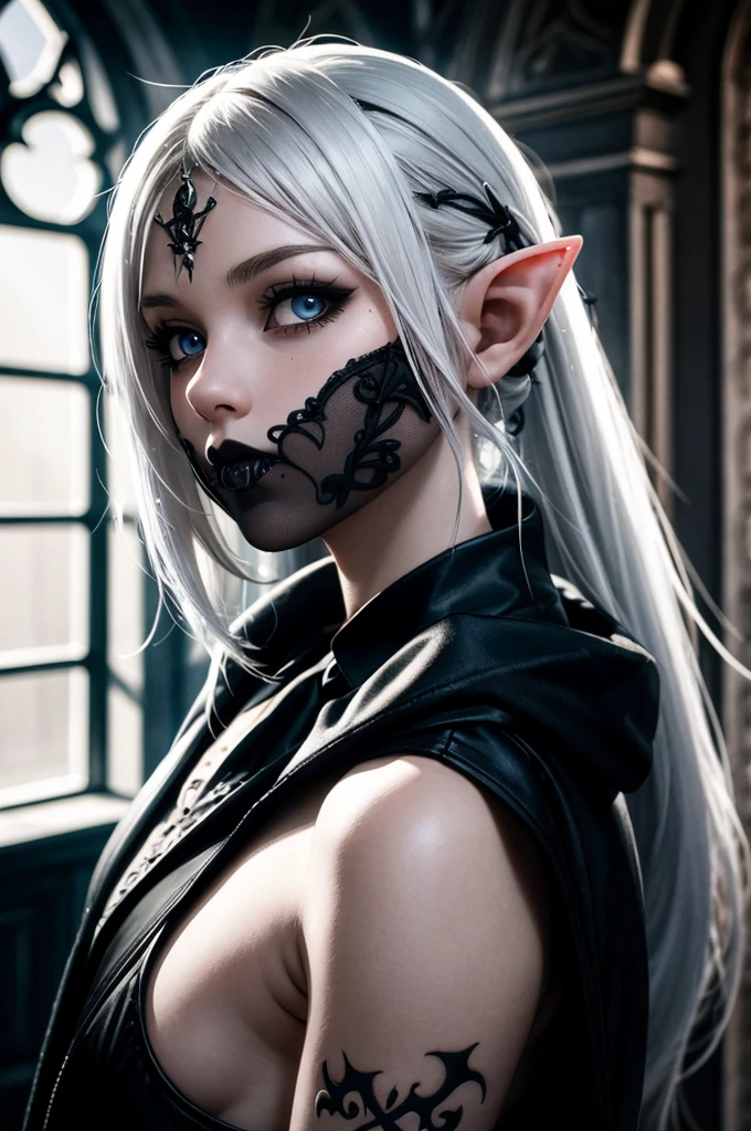 RAW, professional photograph, medium shot, photorealistic, hyper-realistic, ray tracing, super detail, UHD, 8k, female elf, twenty years old, athletic body, soft facial features, long hair, straight hair, white hair, gray eyes, gothic style, gothic clothing, dark Castle, gothic architecture, gothic bedroom