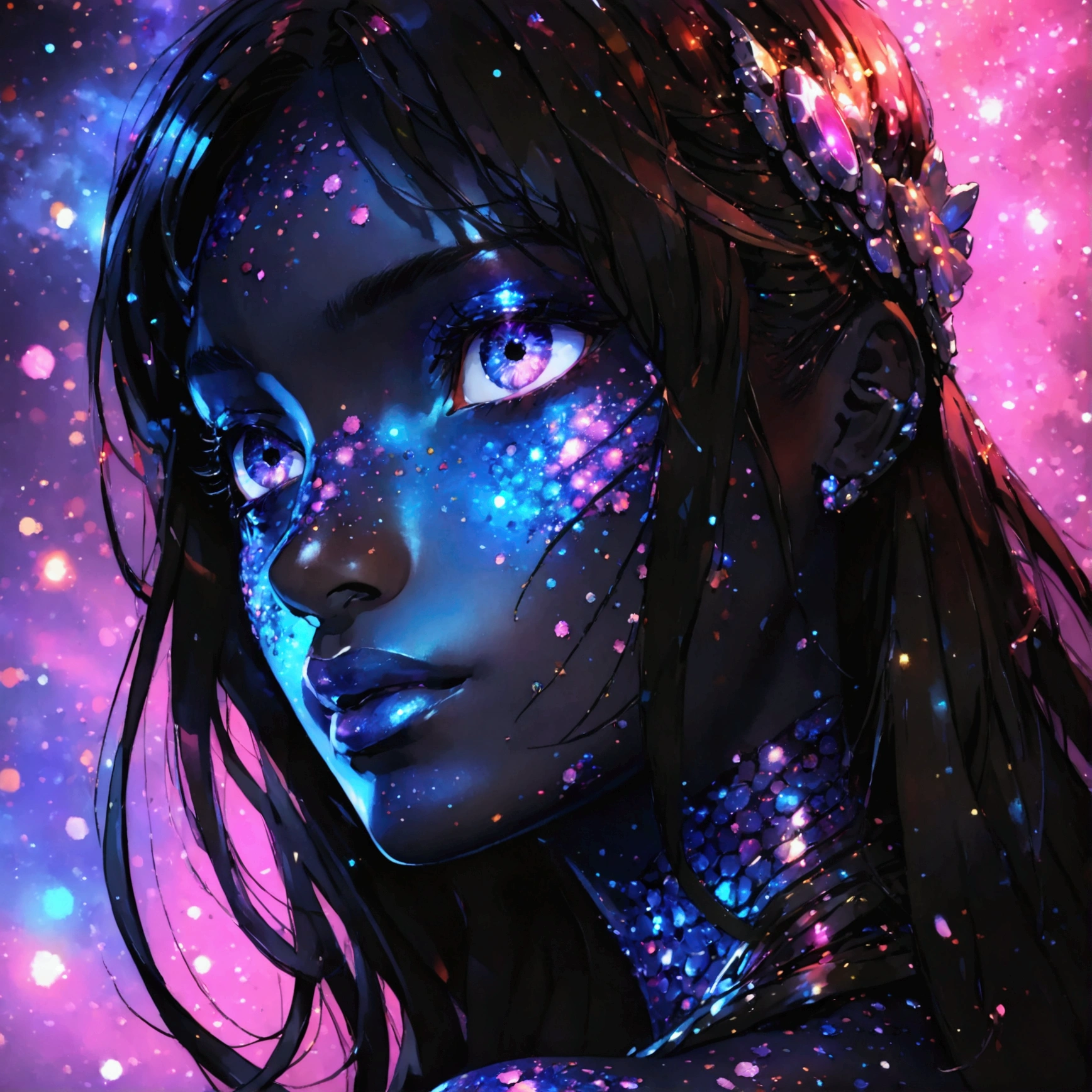 PORTRAIT, a battle angel portrait, beautiful black skin with sparkles and glitter, long long hair, shiny and lightening eyes detailed skin, image is compelling with dynamic composition and energetic posing. Include many fantasy details such as bumps, phantasmal iridescence, glitter, galaxy, cosmos, ((dark celestialskin body, void cosmic body)), (((dark background))), (((lights off))), (((hollywood dark))), horror, dramatic shadows, (in a dark fantasy space:1.3, glitter, sparkle, gleam) vector digital illustration, (black background:1.5)sharp