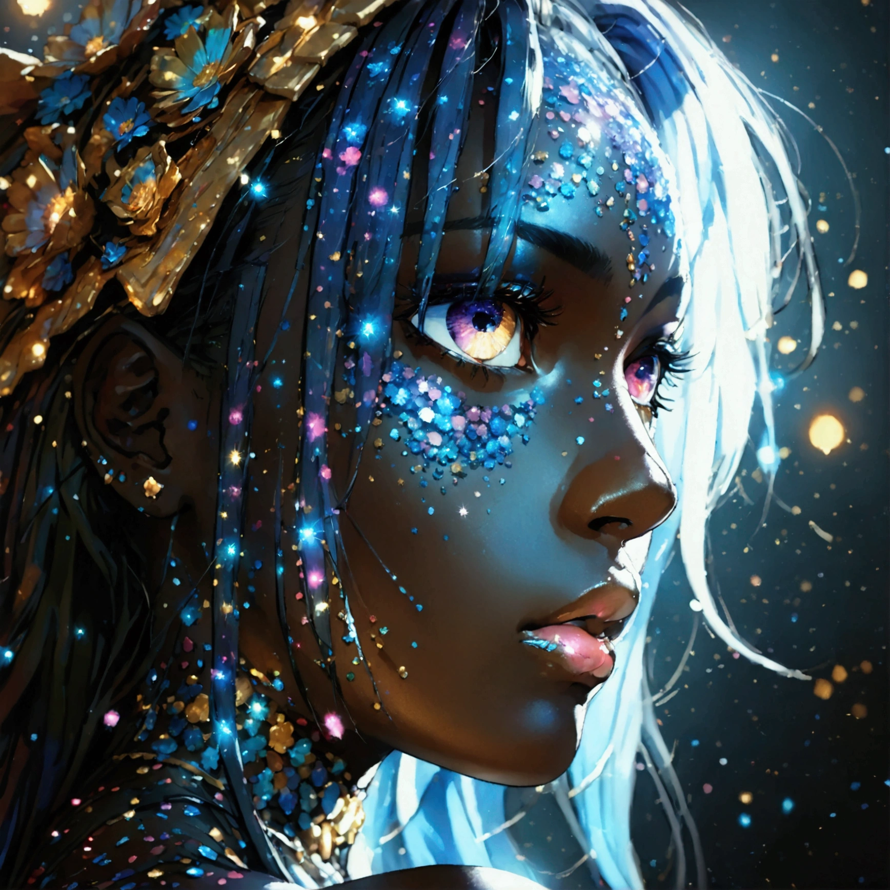 PORTRAIT, a battle angel portrait, beautiful black skin with sparkles and glitter, long long hair, shiny and lightening eyes detailed skin, image is compelling with dynamic composition and energetic posing. Include many fantasy details such as bumps, phantasmal iridescence, glitter, galaxy, cosmos, ((dark celestialskin body, void cosmic body)), (((dark background))), (((lights off))), (((hollywood dark))), horror, dramatic shadows, (in a dark fantasy space:1.3, glitter, sparkle, gleam) vector digital illustration, (black background:1.5)sharp