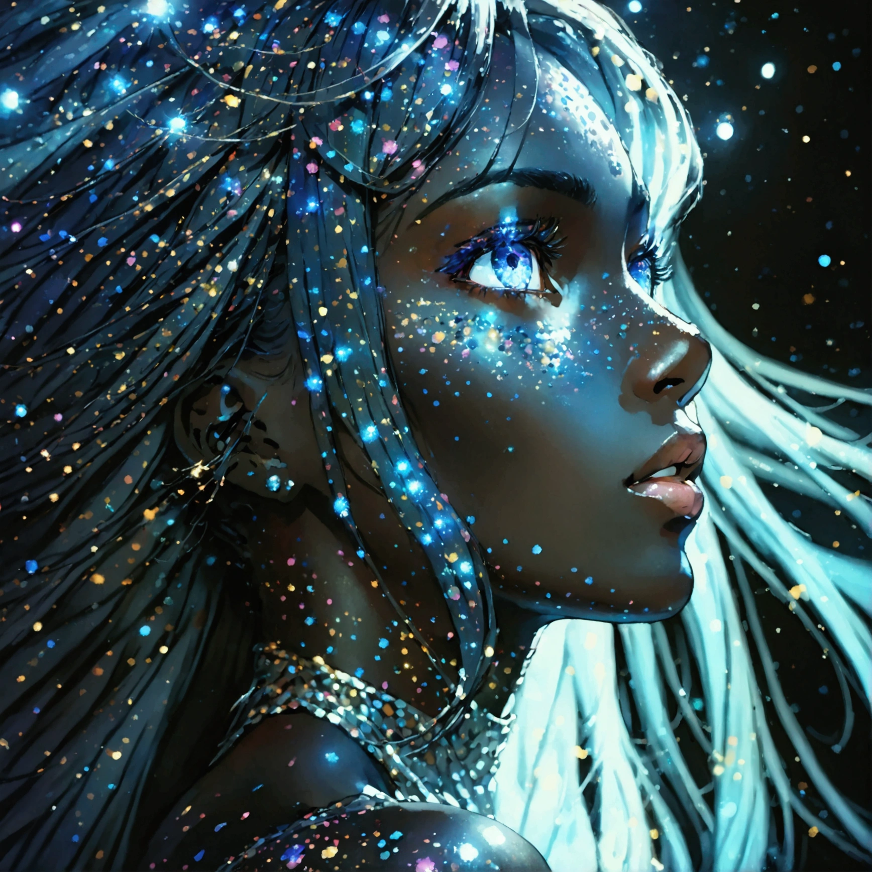 PORTRAIT, a battle angel portrait, beautiful black skin with sparkles and glitter, long long hair, shiny and lightening eyes detailed skin, image is compelling with dynamic composition and energetic posing. Include many fantasy details such as bumps, phantasmal iridescence, glitter, galaxy, cosmos, ((dark celestialskin body, void cosmic body)), (((dark background))), (((lights off))), (((hollywood dark))), horror, dramatic shadows, (in a dark fantasy space:1.3, glitter, sparkle, gleam) vector digital illustration, (black background:1.5)sharp