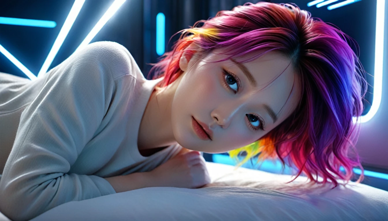 (Highest quality,8K,Super detailed:1.2),(CG,CG Art,3D Rendering),(masterpiece:1.2),（Crawling on the table），（Stylish clothing），(Cinema Lighting,Futuristic),(Woman lying in bed,Sleep,close your eyes),(The big window behind her,quiet night),(Colorful Hair:1.5)
