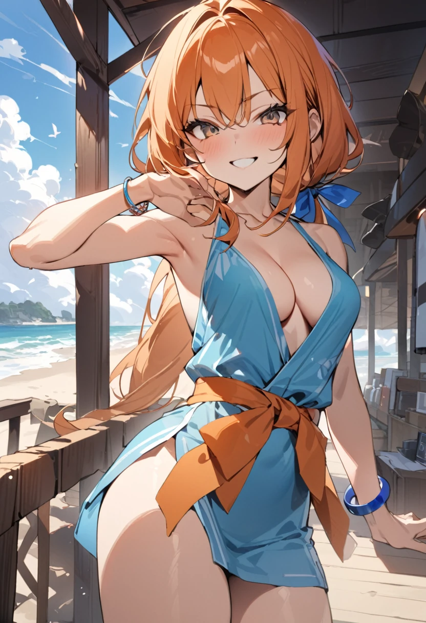 masterpiece, Highest quality, High resolution, we (one piece), Long Hair, Orange Hair, Low Ponytail, Hair Ribbon, Blue Ribbon, Brown eyes, clavicle, Cleavage, Short kimono, Blue kimono, No sleeve, bare hands, bracelet, sash, heart, Are standing, Cowboy Shot, Defiant pose, Beach mood, Beautiful beaches, smile,