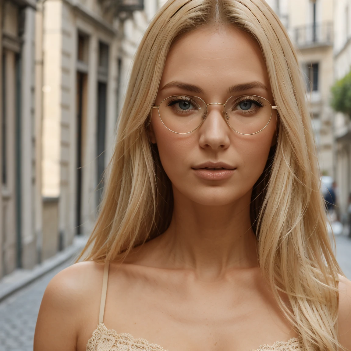 Femme blonde latine aux cheveux soufflés, rue en arrière-plan, robe d'été, lunettes, 1 mètre 80, petites tâches de rousseur, regard face caméra 