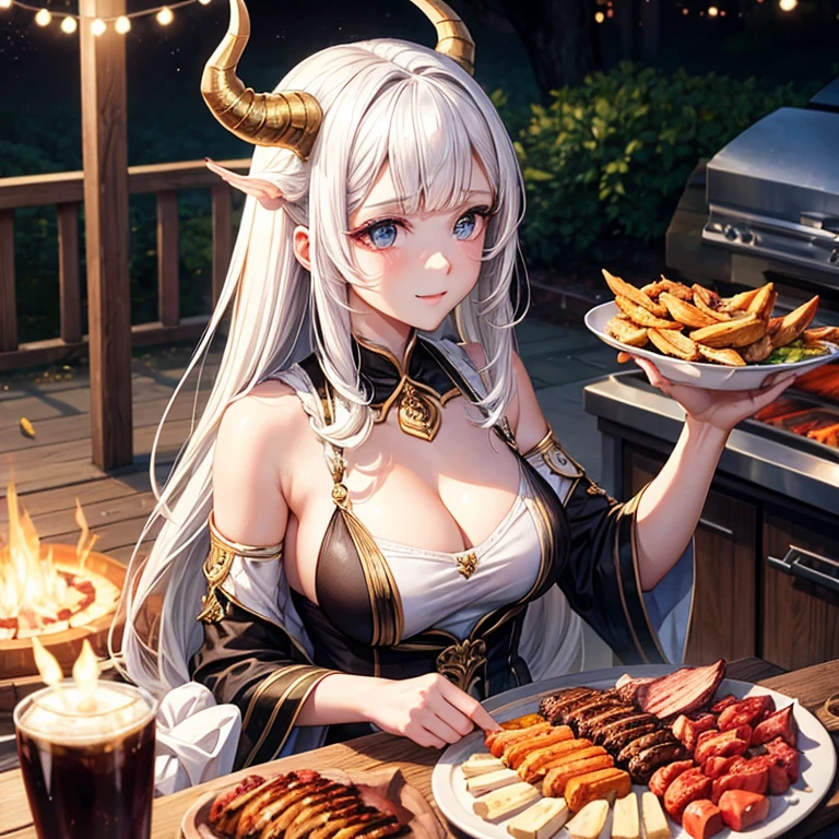 Beautiful young girl, White hair, Capricorn horns, Make a barbecue