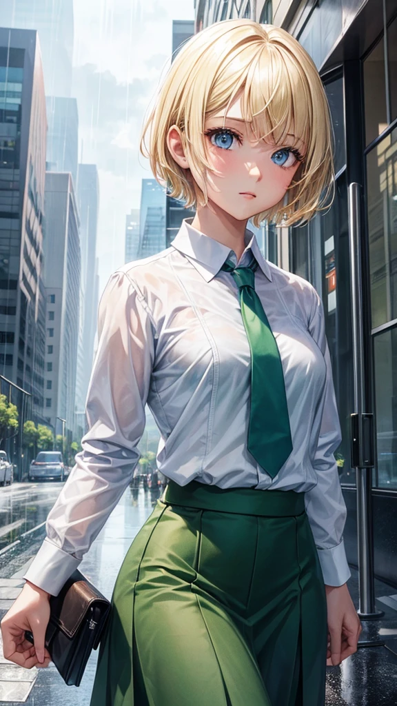 1girl, blond hair, short hair, blue eyes, white shirt, green tie, green skirt, city, rain, detailed background 