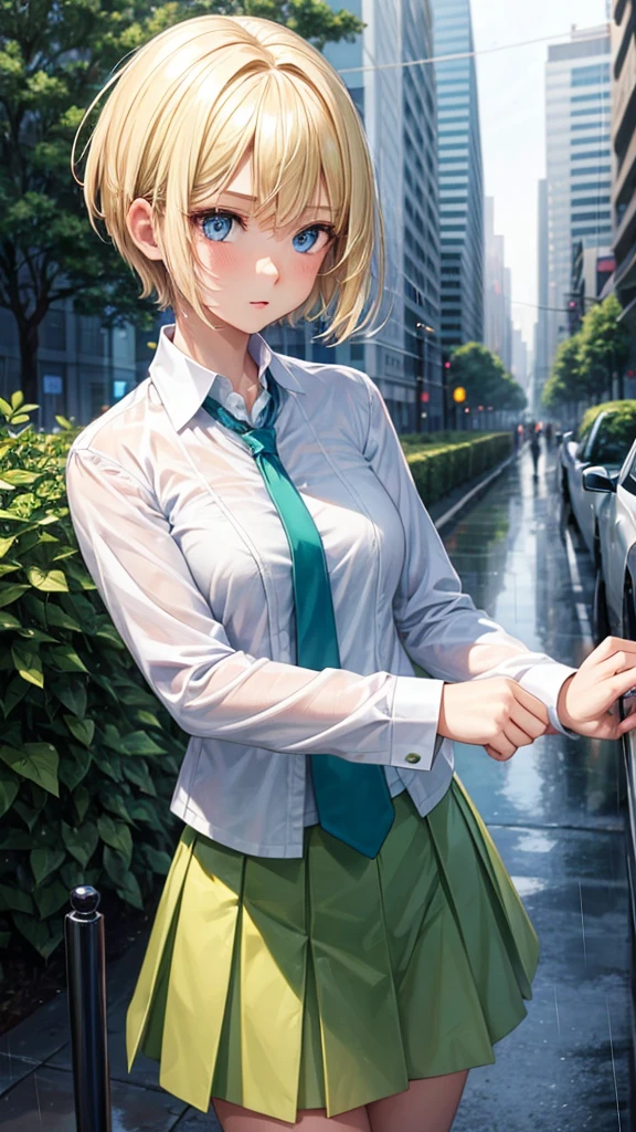 1girl, blond hair, short hair, blue eyes, white shirt, green tie, green skirt, city, rain, detailed background 