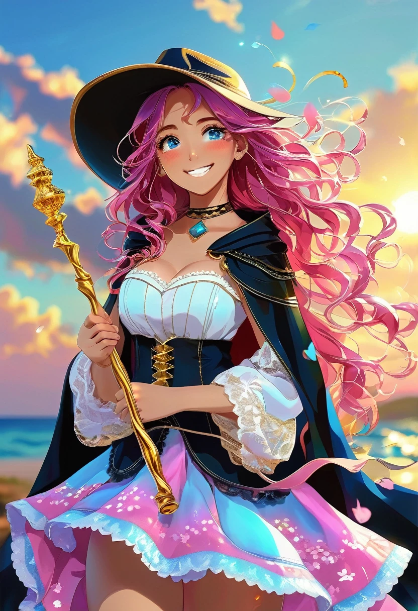 1 girl, (iridescent hair, colorful hair, half blue and half pink hair: 1.2), 17 years old, blue_sky, holding a magic wand, summer (season), petals_on_liquid, black cloak with hood, red and black torn dress, skirt: 1.2, (gold long curly hair: 1.5), sky, outdoor, clouds, bangs, smile, sky blue eyes, bare shoulders, perfect hands, Hand details, repaired fingers. Earrings, sea + background, looking_at_viewer, cowboy shot, top quality, rich detail, perfect image quality, sunrise