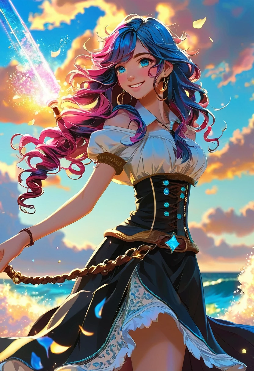 1 girl, (iridescent hair, colorful hair, half blue and half pink hair: 1.2), , blue_sky, holding a magic wand, summer (season), petals_on_liquid, black cloak with hood, red and black torn dress, skirt: 1.2, (gold long curly hair: 1.5), sky, outdoor, clouds, bangs, smile, sky blue eyes, bare shoulders, perfect hands, Hand details, repaired fingers. Earrings, sea + background, looking_at_viewer, cowboy shot, top quality, rich detail, perfect image quality, sunrise