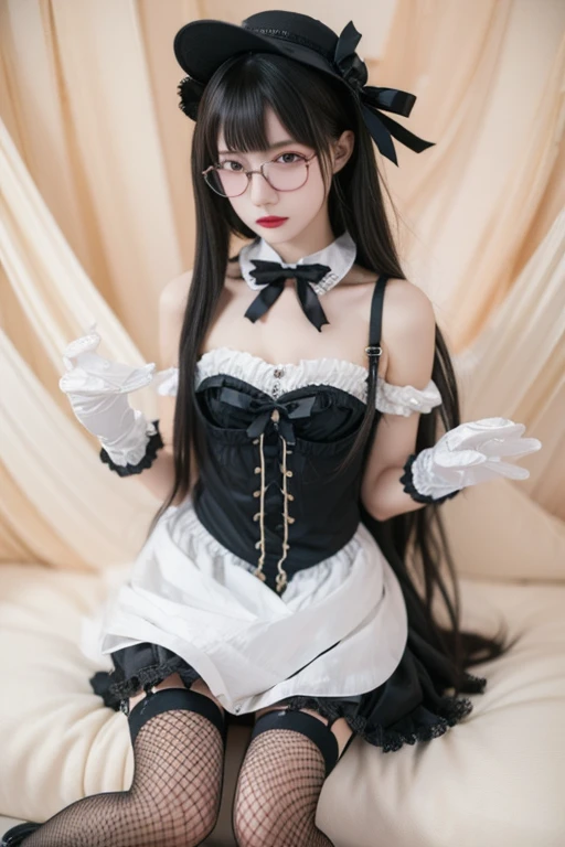 Highest quality、masterpiece、High sensitivity、High resolution、Detailed Description、Slender women、Glasses、Fishnet tights、Gothic ****ta、