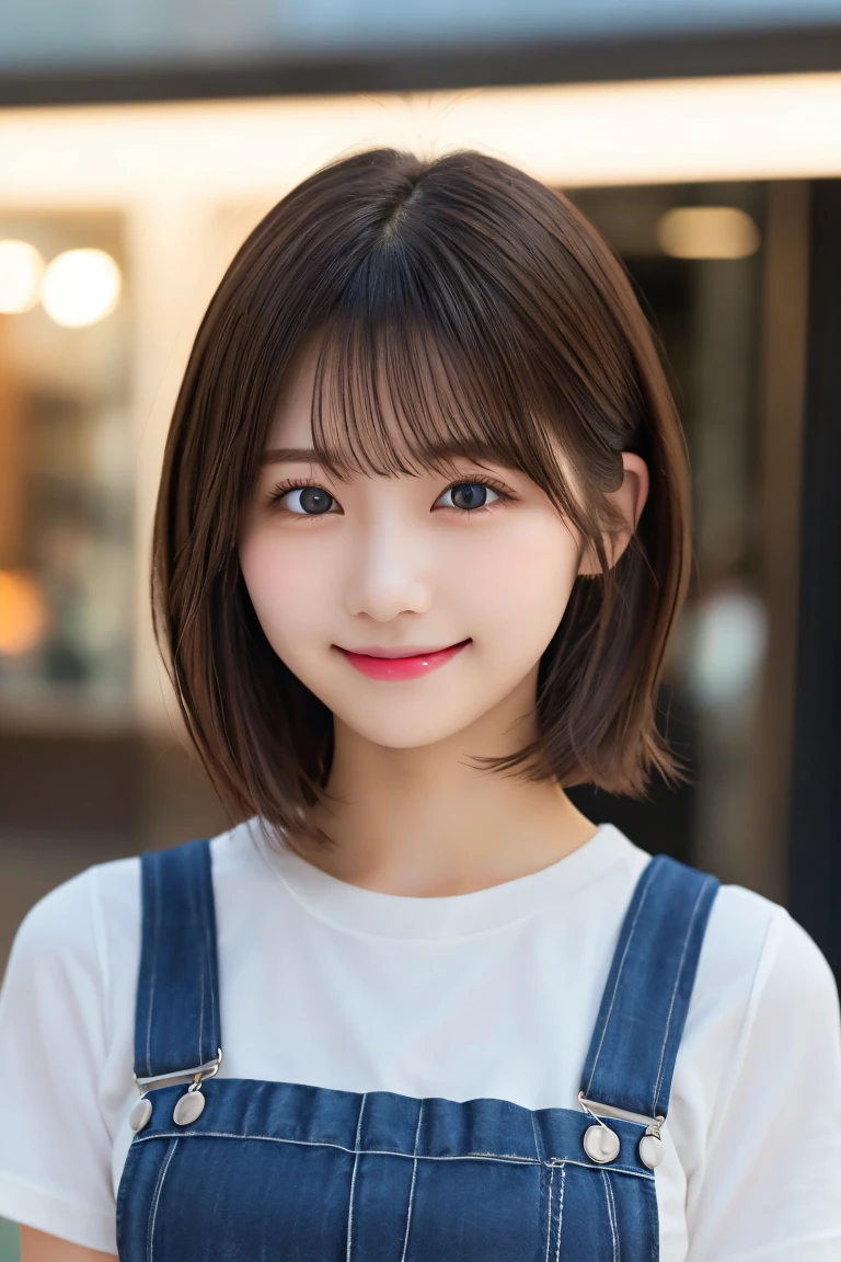 Highest quality、（beautiful）、Super delicate eyes、Brown eyes、22-year-old female、Brown Hair、smile、looking at the camera、Semi-short hair、Gal、naked、Overalls