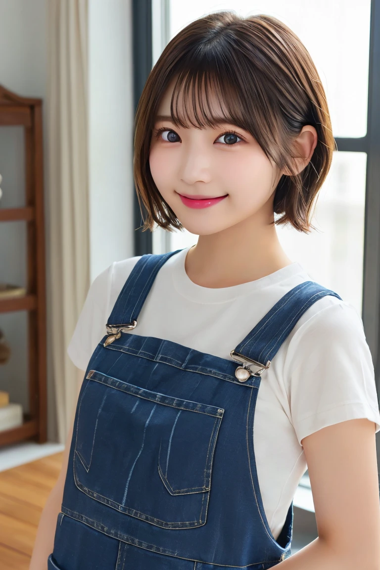 Highest quality、(beautiful)、Super delicate eyes、Brown eyes、22-year-old female、Brown Hair、smile、looking at the camera、Semi-short hair、Gal、naked、Overalls