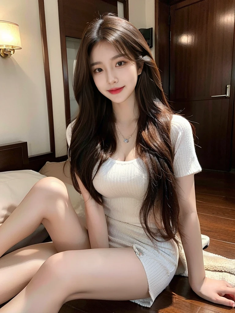 Highest quality,8K, Detailed facial depiction, Detailed eye depiction, Brown Hair(Long Wavy Hair),Beautiful Korean Girl, 21 years old, Remove underwear, Exposed breasts, The body is slim, Medium chest, Sit with your legs apart, smile, Colorful earrings, necklace,