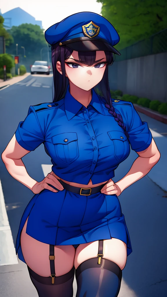 a cartoon character in a sexy suit posing on the street with a bush, police officer, police uniform, 1 girl, police woman, shirt, skirt, hat, tie, police cap, blue eyes, gloves, breasts, purple hair very dark, thighs, solo, navel, garter straps, looking at viewer, short sleeves, large breasts, underwear, miniskirt, midriff, ass visible through thighs, panties, outdoors, indentation, braid, hand in hand hip, belt, black skirt, uniform, collared shirt, frown, thigh highs, peaked cap, crop top, black panties, blue shirt, chest pocket, V-shaped eyebrows, Eiko Tsukimi, blue eyes, purple hair very dark baseball cap