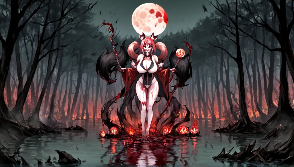 a beautiful detailed kitsune woman with long black fox ears and tails, glowing red eyes, highly detailed mature and curvy figure, large breasts, holding a towel, ruling over a lake with a huge red blood moon reflecting in the water, surrounded by a burning forest full of charred corpses, terrifying smile with glowing red eyes, body covered in dark sinister stains, (best colors,extreme detail description,professional,horror,fantasy