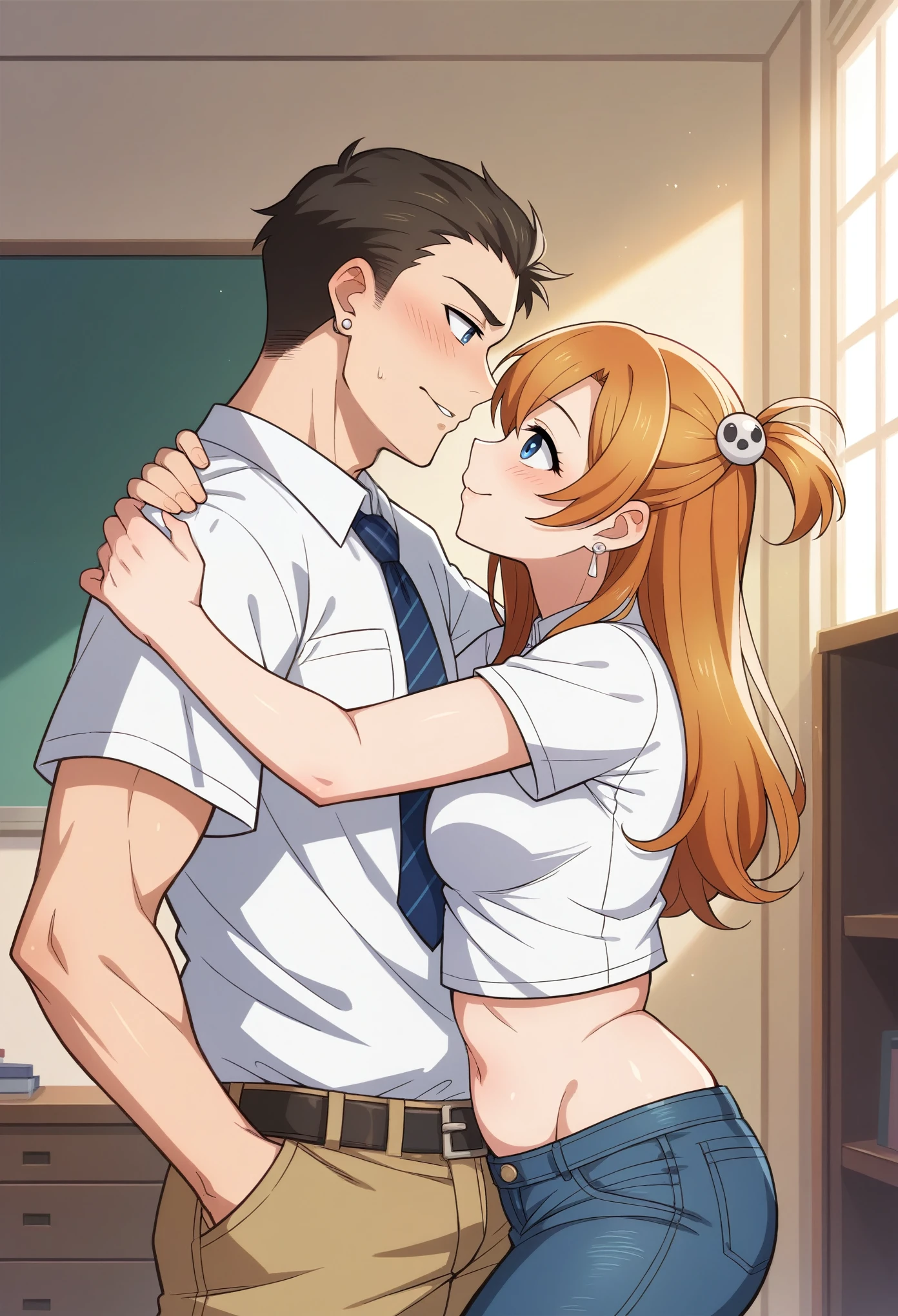 (Masterpiece, Best Quality, High Quality), professional artwork, well drawn, Intricate Details,(((a fat boy and a girl looking at each other))),eye contact,Kousaka honoka, room, earring, t-shirt, midriff peek, denim pants, facing each other, after kiss, curvy hip, blue eyes,breasts press ,hug