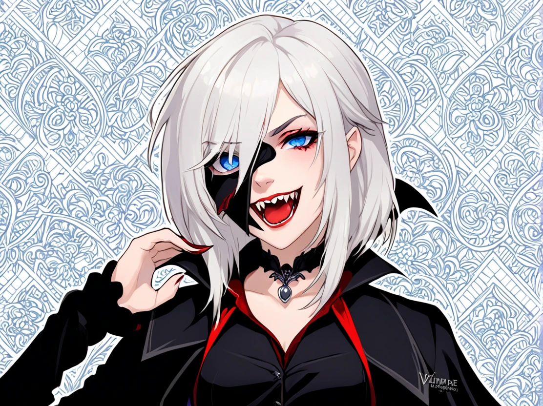 A young woman with white hair and red tips, a vampire, vampire canines, blue eyes, eye patch, short hair, female physique, Discord PfP, fantasy, vampire,long canines, rice teeth