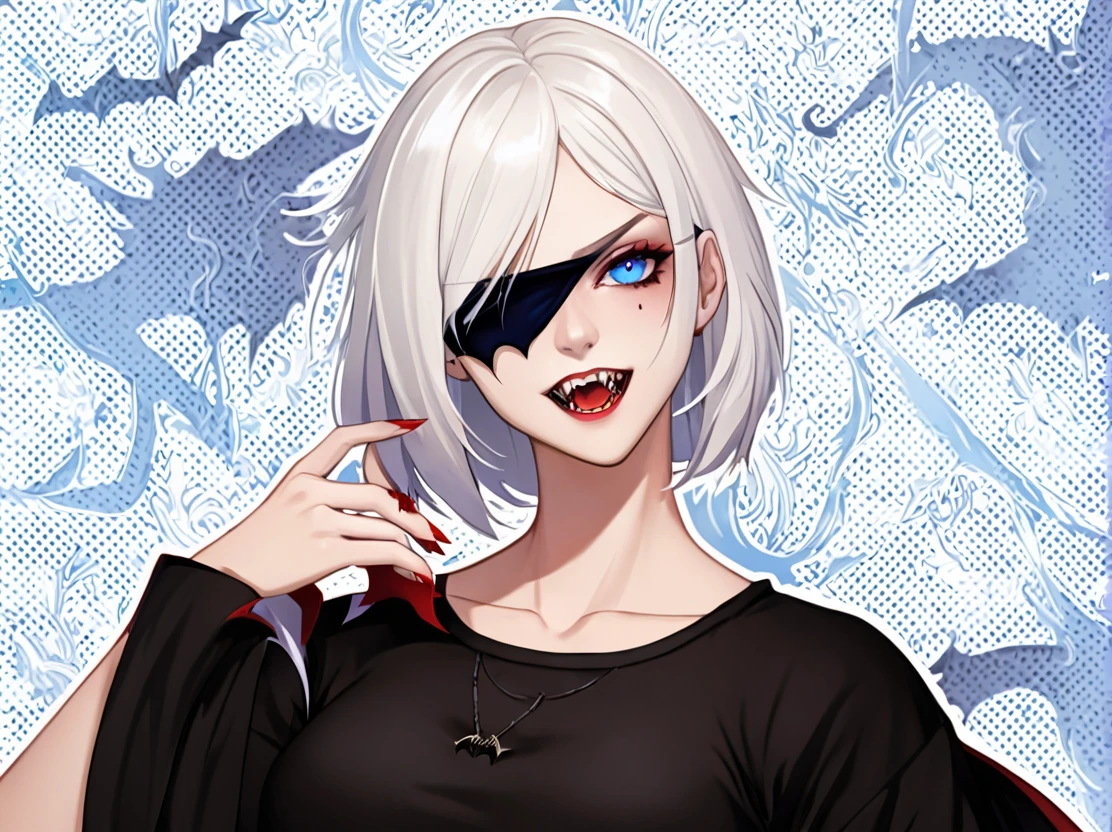 A young woman with white hair and red tips, a vampire, vampire canines, blue eyes, eye patch, short hair, female physique, Discord PfP, fantasy, vampire,long canines, rice teeth