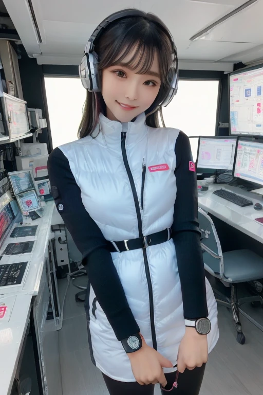 masterpiece, Highest quality, Very detailed, 8K Portrait,Japanese Android Girl,plump , Control panel,Robotic arms and legs, Blunt bangs,,break (Metallic Gray, Metallic luster, Mirror finish, Astro Best):5,headphone:5,break (Black sleeves):100,Smart Watches,Futuristic space station,Control Room,break headphone,blue eyes,(Black Hair):2,(Long Hair):1.3,Viewer Display,(respirator),break blush:3,Hidden Hand,smile