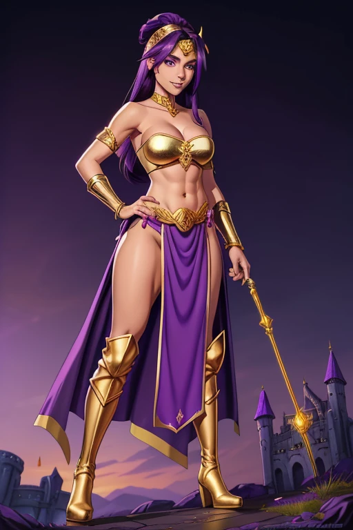 A female sorceress detailed purple eyes, ((purple eyes)), purple iris, long purple swept back, hair tied back, fantasy sorceress, (Wearing: golden headband, purple strapless top, purple loincloth, pelvic curtain, golden armlets, golden knee-high boots:1.3), mildly confident expression and smile. Detailed hands. ((Detailed eyes. Detailed face)). vibrant colors., high quality, high resolution, masterpiece, (High resolution), (high quality), (sharp focus), (best quality), cleavage. Show her standing with her hands on her hips, castle ruins background, full body shot, profile view. front shot.