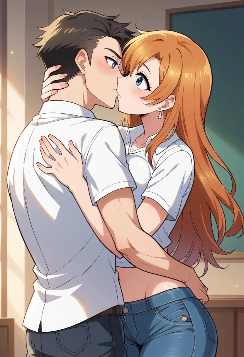 (Masterpiece, Best Quality, High Quality), professional artwork, well drawn, Intricate Details,(((a tall boy and a girl looking at each other))),eye contact,Kousaka honoka, room, earring, t-shirt, midriff peek, denim pants, facing each other, after kiss, curvy hip, blue eyes, press ,hug