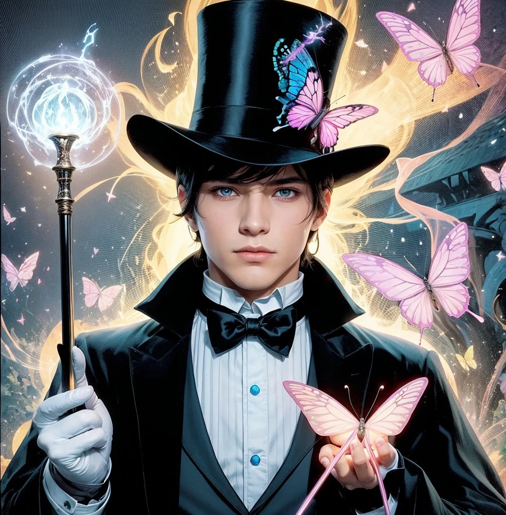 American classic comic book art: Handsome ethereal young man delicate, black straight hair bangs, black wizard hat with a butterfly, navy black magician outfit Zatanna, fishnet stockings, holding an elegant cane, white gloves, emanating light pink and blue yellow energy colorful, white eyes, sorcerer, very young face boy, light pink butterflies, Magic of Imagination, casting spell magic ball energy, mini delicate magician mini cape, medieval castle, classic comic book