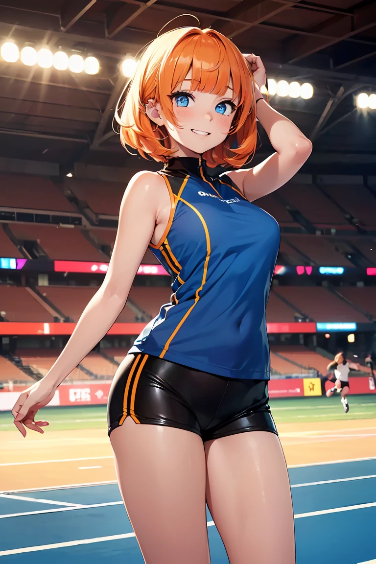 ((1 girl)), Latest trends in clothing, cheerful grin, animated expressions, sports clothes, shorts, blackstockings, sprinting, field of physical education ((very detailled, highest quallity, high resolution, 8 k wallpaper, cute clothes,)),(hair orange, shorth hair, juvenile,bouncy hair, ((asymmetrical bangs)) ,(shining blue eyes),ombre, eyeliner,glowing eye, very detailledな目, complex eyes, gorgeous eyes, 輝くBright blue eyes 17 year old