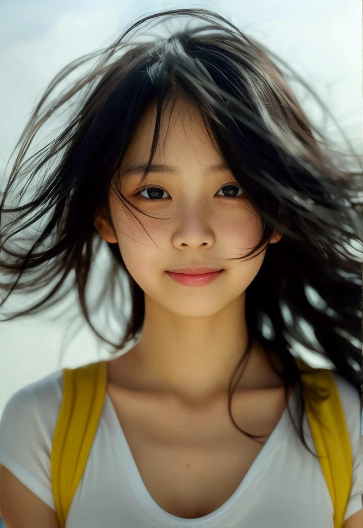 8K,masterpiece,Japanese,11-year-old girl,from the front,smile,cute,Innocent face,Innocent,Kind eyes,Childish,(Plain T-shirt,Short sleeve,Shorts),semi-long,Hair blowing in the wind,Black Hair,Somewhat strong wind,noon,bright,Gravure idol pose, (Large Breasts:1.2),(Emphasize the chest:1.2)